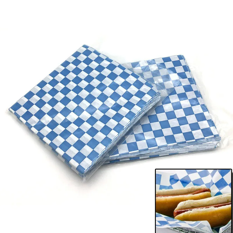 

12''x12''Blue Check Dry Baking Printed Wax Paper Deli Oil Wrap Basket Liner Fast Food Packaging Disposable Sandwich Papers Tools