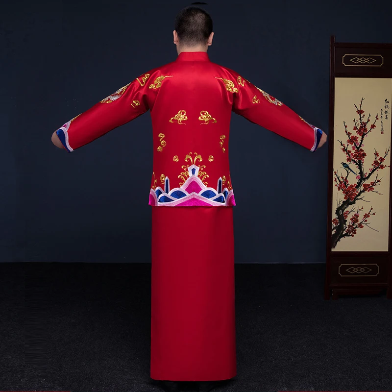 Мужской красный cheongsam тост костюмы Женихи платье куртка длинное Традиционный китайский стиль Свадебные Qipao для мужчин вышивка Тан костюм