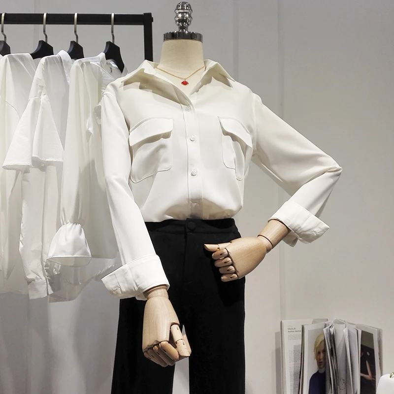 Повседневная Свободная Женская рубашка Осень Новая мода воротник плюс размер блузка с длинным рукавом Кнопки белая рубашка женские топы уличная