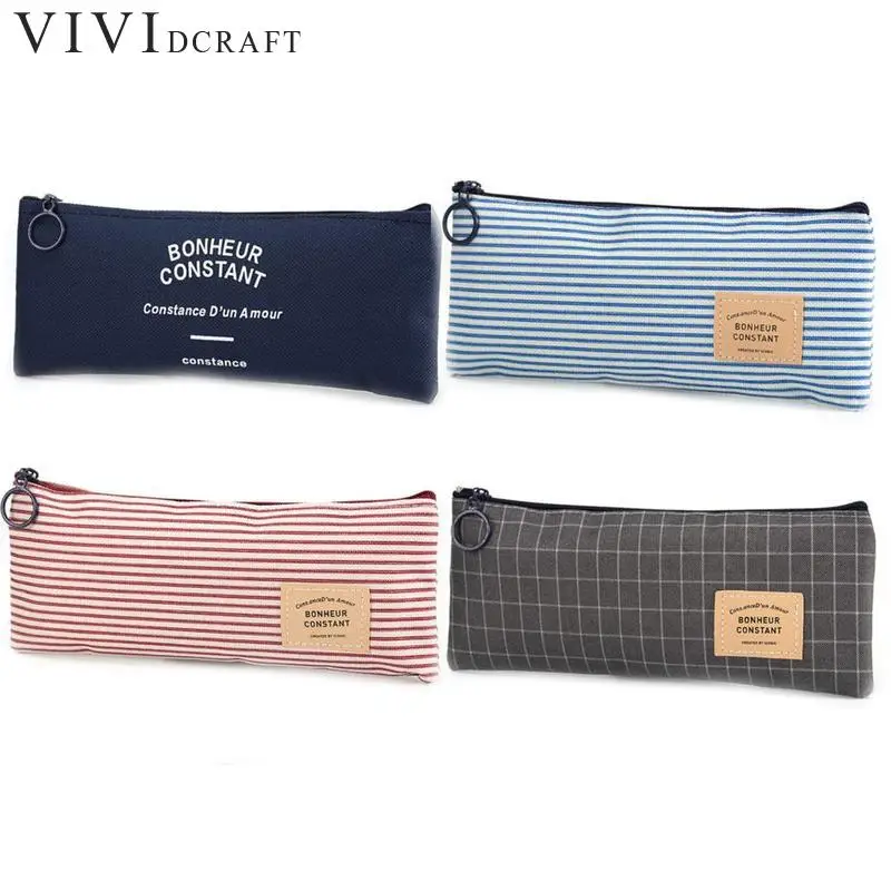 

4 Colrs Brief Style Grid Stripes Canvas Pencil Bag Students Stationery Storage Pencil Case School Stationery Papelaria Supply