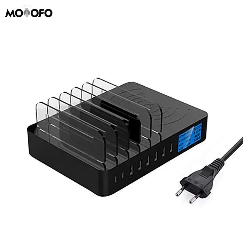 Qi Wireless Charger 8 ports Smart USB Charger 5V8A 40W LCD Display Desktop Holder For iPhone Samsung Huawei AC Adapter Qi Wireless Charger 8 ports Smart USB Charger 5V8A 40W LCD Display Desktop Holder For iPhone Samsung Huawei AC Adapter