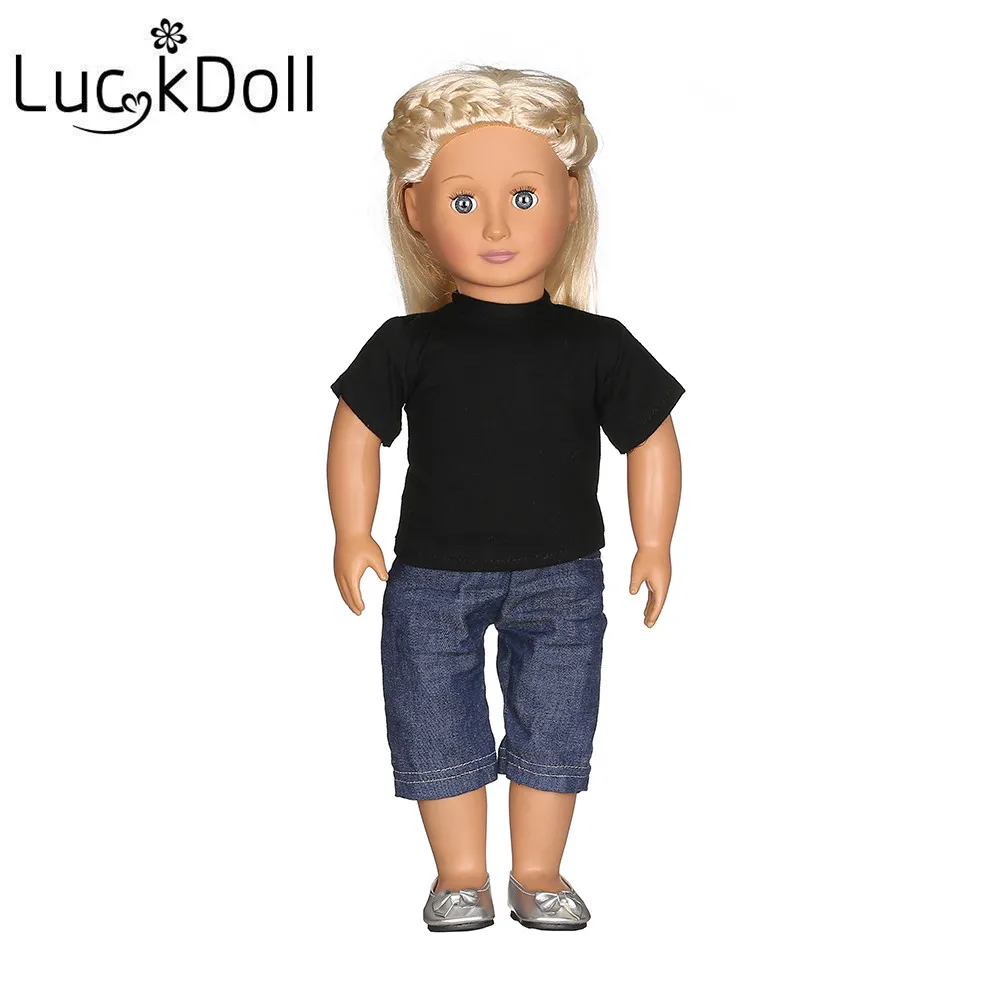 

LUCKDOLL New Casual Doll Clothes Candy Color Cotton T-shirt + Jeans For 18inch American Doll Accessories