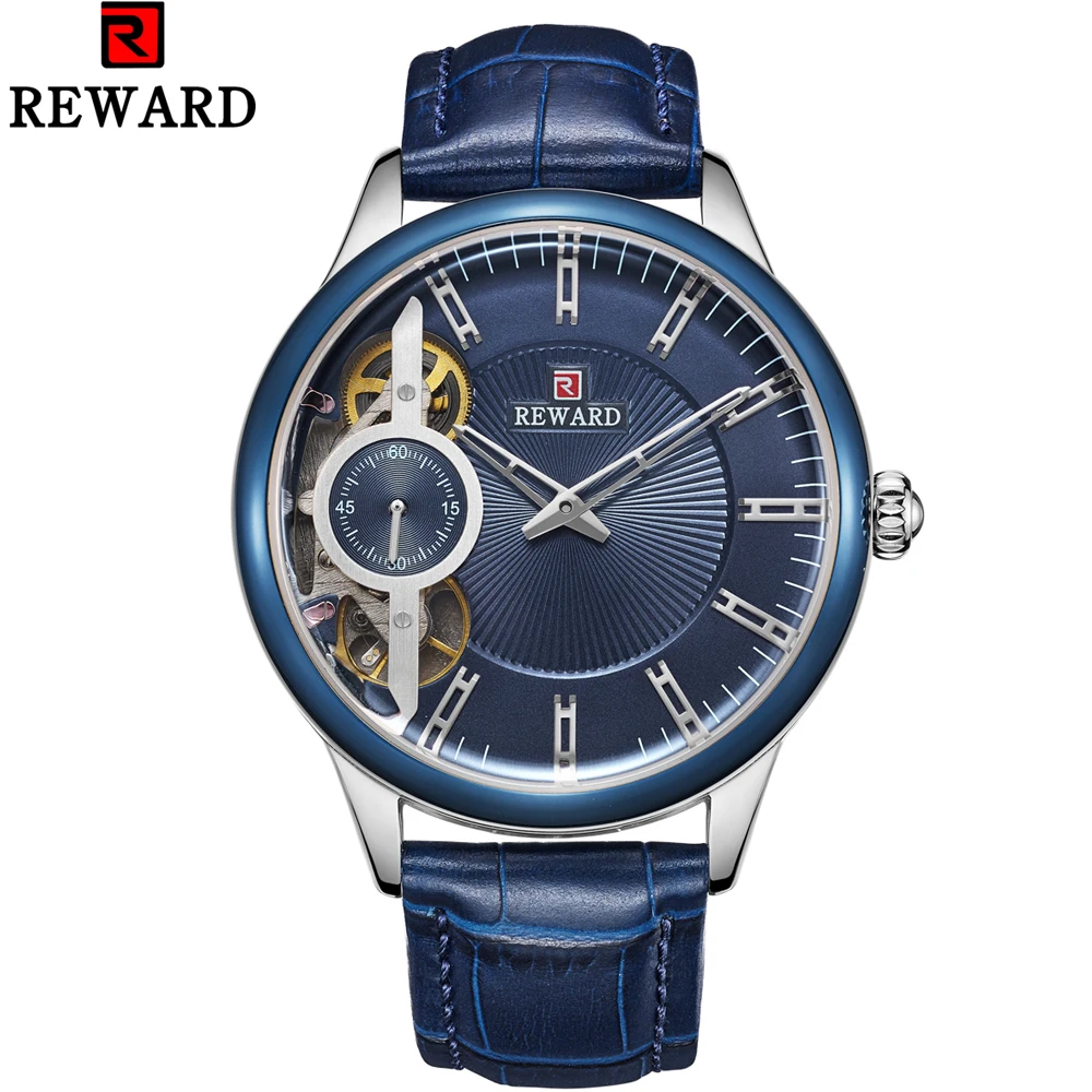 

REWARD Skeleton Automatic Self-wind Mechanical Watch 3ATM Waterproof Blue Ocean Ultra-thin Mens Watches Business Wristwatch