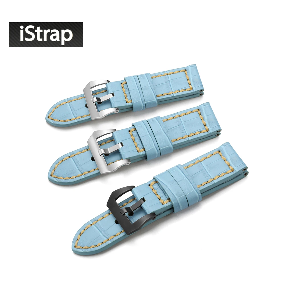 

Vintage Watch strap for panerai Genuine leather bracelet for watch Light Blue Alligator Grain Men's Thick Watch Band Watchband