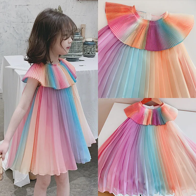 

Spring And Summer Girl Rainbow Gradient Pleated Dress Children Baby Girls Princess Vest Dresses Pretty Child Clothes Outfits