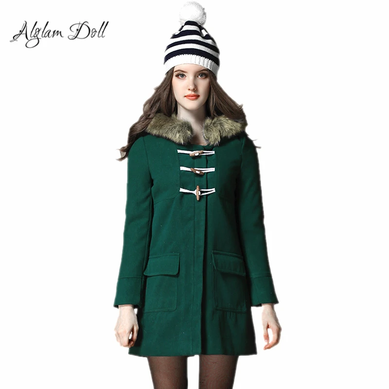 Alglam Doll Cute Preppy Style Winter Female Jacket Wool & Blends Fur Collar Women Coat Silm A-Line Outerwear Ladies Parka Tweed