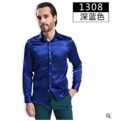 Men's Shirt Shirts Business Casual Buro Sparkle Satin Slimfit Fitted New - Цвет: Синий