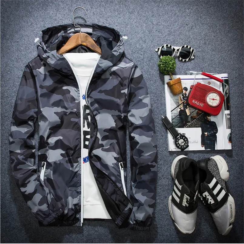 

2019 Men's Spring Summer Hood Jackets Fashion Camouflage Print Waterproof Windbreaker Casual Bomber Jacket Coat Outwear Chaqueta