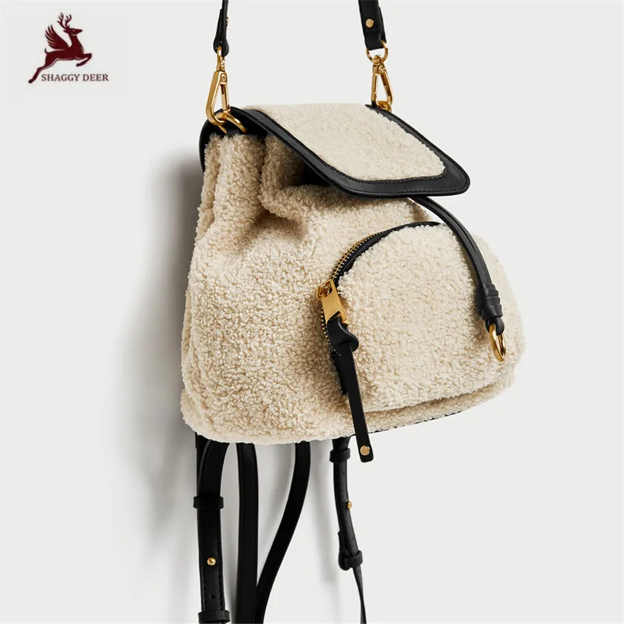 

Shaggy Deer 2018 New Wool Fur Personalized Backpack Patchwork Exclusive Soft Winter Lady Party leisure Daily Backpack