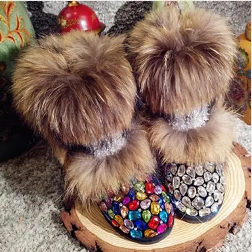 

Winter Woman Warm Real Fox Fur Multi Rhinestone Snow Boots Female Slip-on Mid Calf Boots Girls Plush Inside Bling Crystal Boots