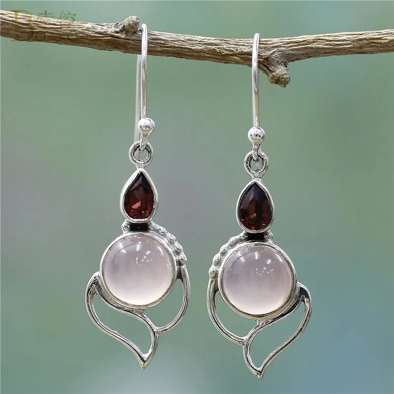 

BOAKO Pink Natural Stone Earrings Hollow Out Drop Earrings Red Rhinestone Crystal Long Dangle Earrings For Women Ethnic Jewelry