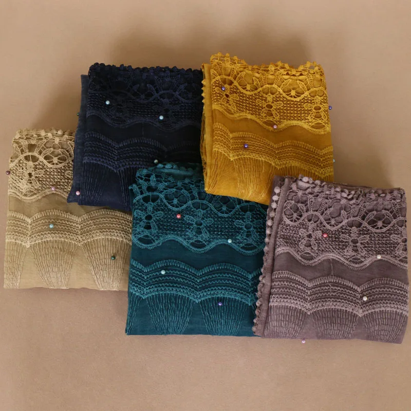 

Fashion Women Plain Navy Blue Lace Pom Pom Floral Scarf Scarves Beads Pearl Cotton Winter Shawl Lady Pashminas Bandana Foulard