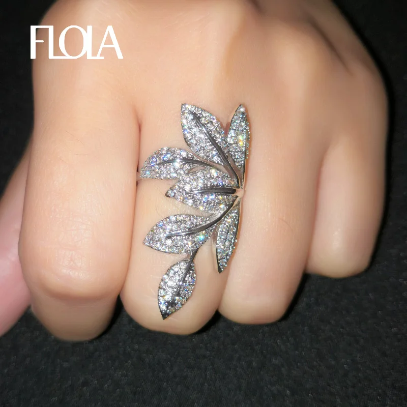 

FLOLA Delicate Silver Leaf Ring For Woman Micro Inlayed Cubic Zirconia Present Finger Ring Vintage Fashion Jewelry Bague rigf28