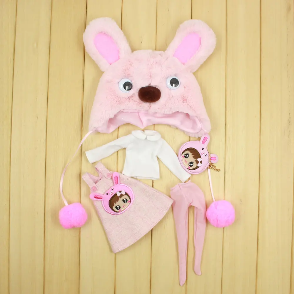 Наряды для куклы Blyth, розовый костюм кролика, включая сумку, шляпу и комбинезон для 1/6, pullip jerryberry licca icy dbs doll