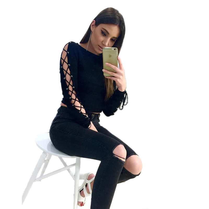 

New 2017 Fashion Women Summer Hollow Out Bandage Long Sleeve Short Shirt Crop Casual Tops T-Shirt Black