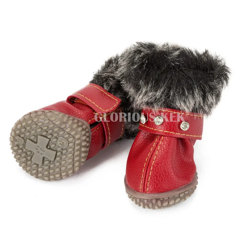 Зимние ботинки для собак из водонепроницаемого полиуретана; обувь для маленьких собак с резиновой подошвой; Качественная Роскошная Обувь для собак с алмазной меховой отделкой