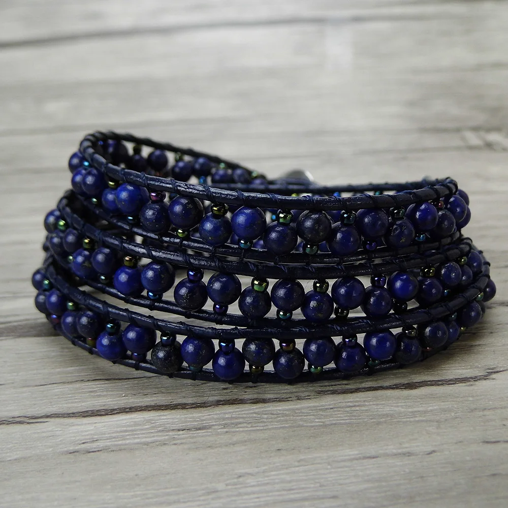 navy blue beads bracelet seed beads wrap bracelet leather Lapis lazuli