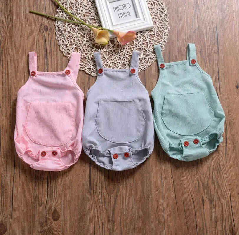 

Summer Newborn Clothes Cute Kid Baby Boy Girl Bodysuit Sleeveless Strappy Solid Sunsuits Pocket Unisex Baby Jumpsuits 0-18M