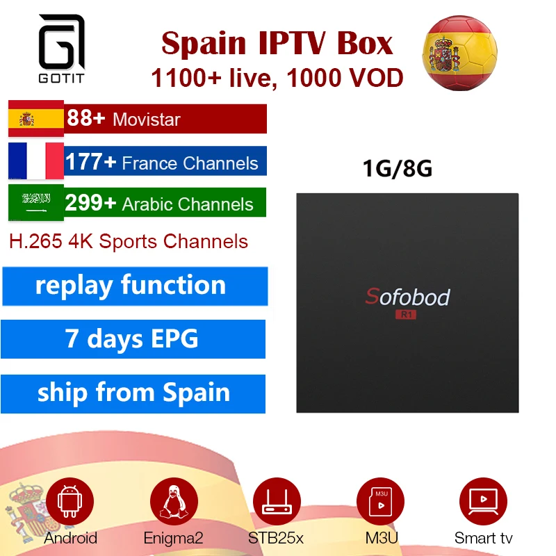 

SOFOBOD Android 7.1 Smart TV Box With Spanish French IPTV Subscription 1100 lives 1000 VOD Support 4K H.265 Ship from Spain