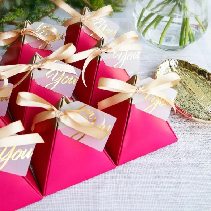 100pcs Rose Red Triangular Pyramid Style Candy Box Wedding Favors Party Supplies Paper Gift Boxes with THANKS Card Chocolate Box package (7)