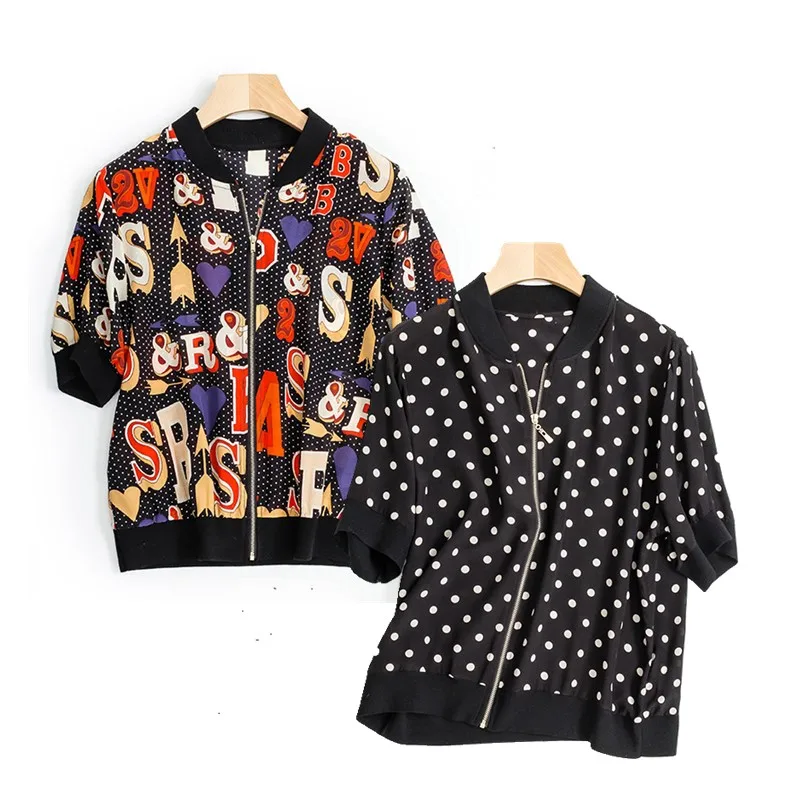 

100% Silk Jacket Women Lightweight Fabric Printed Patchwork O Neck Short Sleeves 2 Colors Bomber Coat Style New Fashion 2019