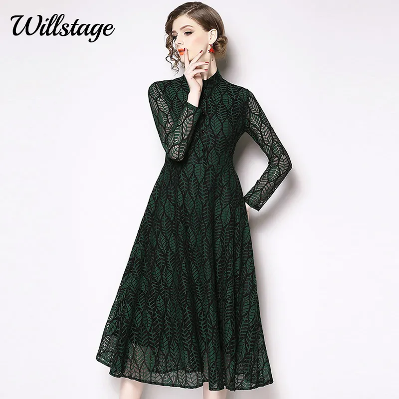 

Willstage 2019 Spring 3XL Plus size Lace Dress Leaves Embroidery Mesh Mid Dresses Women Hollow out Elegant Vintage Vestidos
