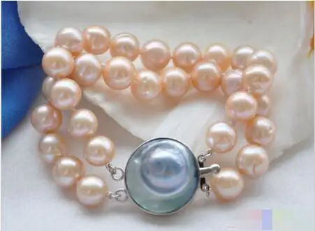 

FREE SHIPPING HOT sell new Style >>>>2row 8" 12mm ROUND PINK PEARL BRACELET MABE
