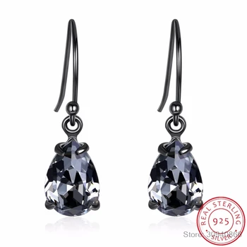 

LEKANI Vintage Retro Black Water Drop Earrings Crystals For Women Party Gifts Real S925 Silver Fine Jewelry 2019