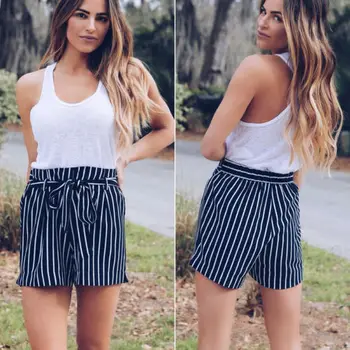 

New Fashion Women Vintage High Waist Striped Shorts Summer Beach Wear Casual Ladies Short Pants