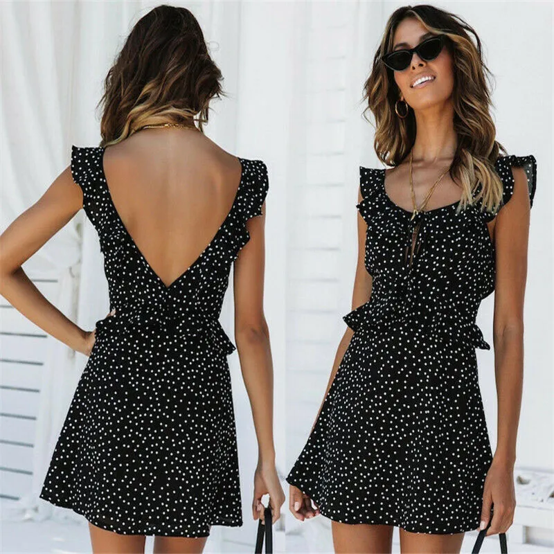 Hot Sale 2019 Women Fashion Summer Ladies Sweet Sleeveless Wrap Polka Dot Mini Dress Casual Sundress New Arrival | Женская одежда