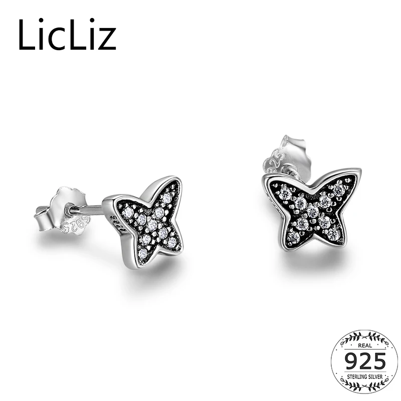 

LicLiz Small 925 Sterling Silver Butterfly Stud Earrings Women Micro Paved Cubic Zirconia Insect Post Earrings Ear Studs LE0406