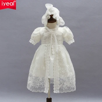IYEAL Baby Girl Dress With Shawl + Hat for Toddler Girls Infant 1 Year Birthday Party Baptism Christening Gown High Quality heirloom baptism dress baby girls royal christening gown floor length short sleeve o neck baby girls birthday gown with ribbon