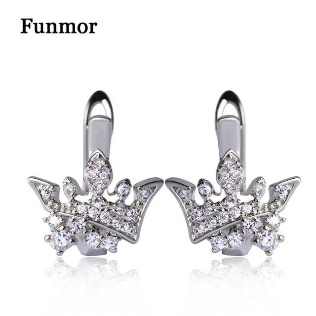Us 6 9 Funmor Copper Crown Shape Stud Earrings Silver Color Full Zircon Women Wedding Ear Piercing Jewelry Gifts Oorbellen In