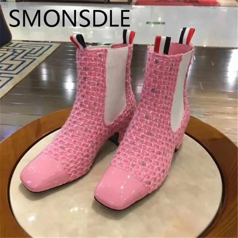 

SMONSDLE New Fashion Black White Pink Women Ankle Boots Square Toe Slip On Low Chunky Heel Women Autumn Winter Boots Shoes Woman
