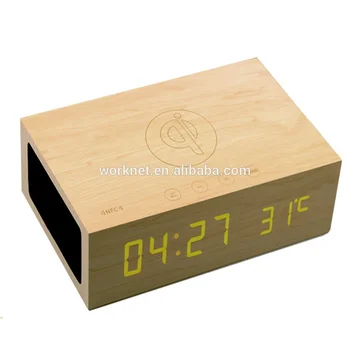 

Qi standard wireless charging wood alarm clock bluetooth speaker with hands free call & NFC function