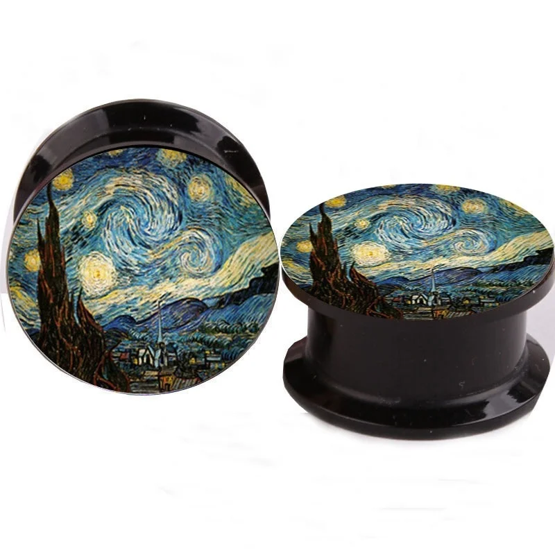 

EUPNHY 2Pc Acrylic Graffiti Starry Night Ear Flesh Plugs Tunnels Screw Fiit Ear Stretcher Expander Body Piercing Jewelry