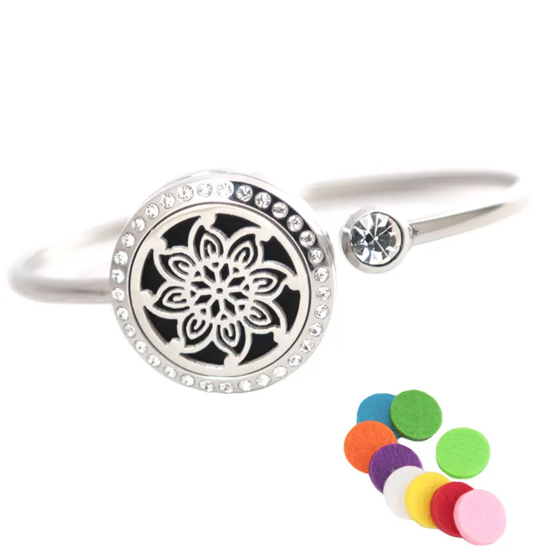 

Fashion Flower Bracelet Locket Bangle Aromatherapy 25mm Magnet Crystal Stainless steel essential oil diffuser locket bracelet