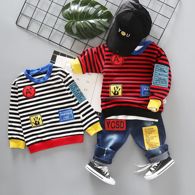 

New children's suit 0-4 years old baby striped crew neck long sleeve jeans two-piece suit