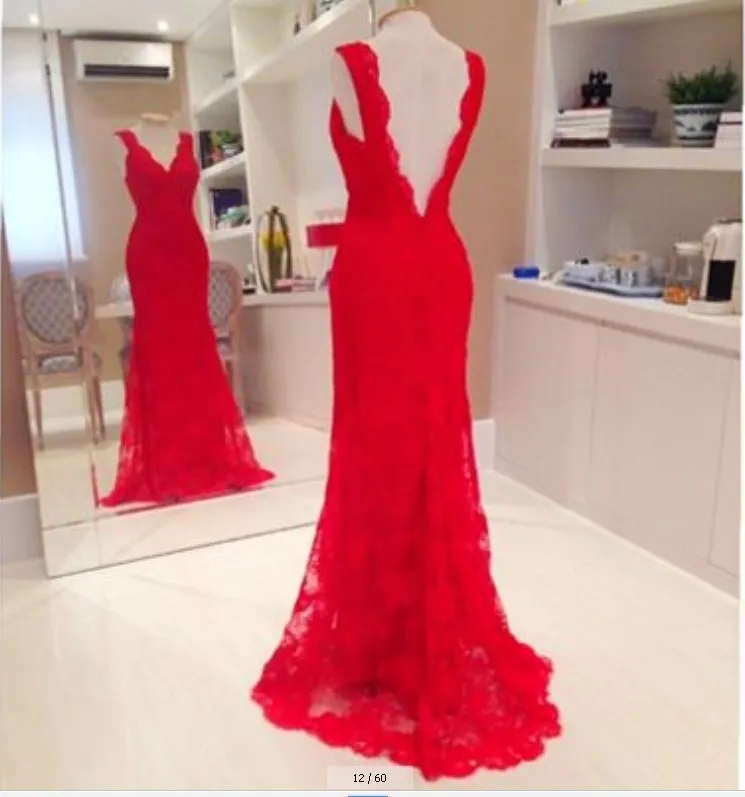 Real sample red lace prom dress off the shoulder V neckline sexy low back floor length long mermaid party prom gown dresses 2017