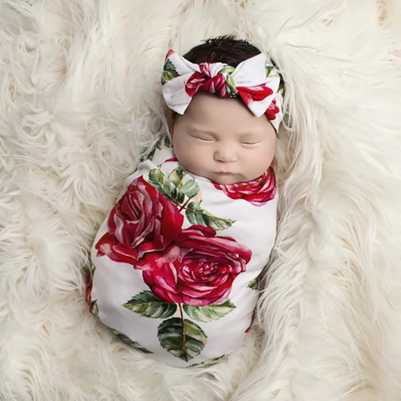 Red Rose Floral Newborn Swaddle Set Baby Blankets + Headband Muslin