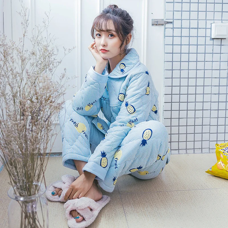 

Thick Warm Three-layer Women Quilted Sleepwear Winter Warm Cotton Pyjamas Plus Size Blue Pyjama Suit Nightwear 2 Pieces Pajama