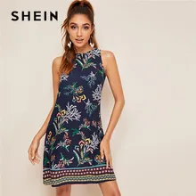SHEIN летнее платье с ацтекским принтом и замочной скважиной на спине, без рукавов, с круглым вырезом, прямое женское платье, Boho, с цветочным рисунком, мини-платье