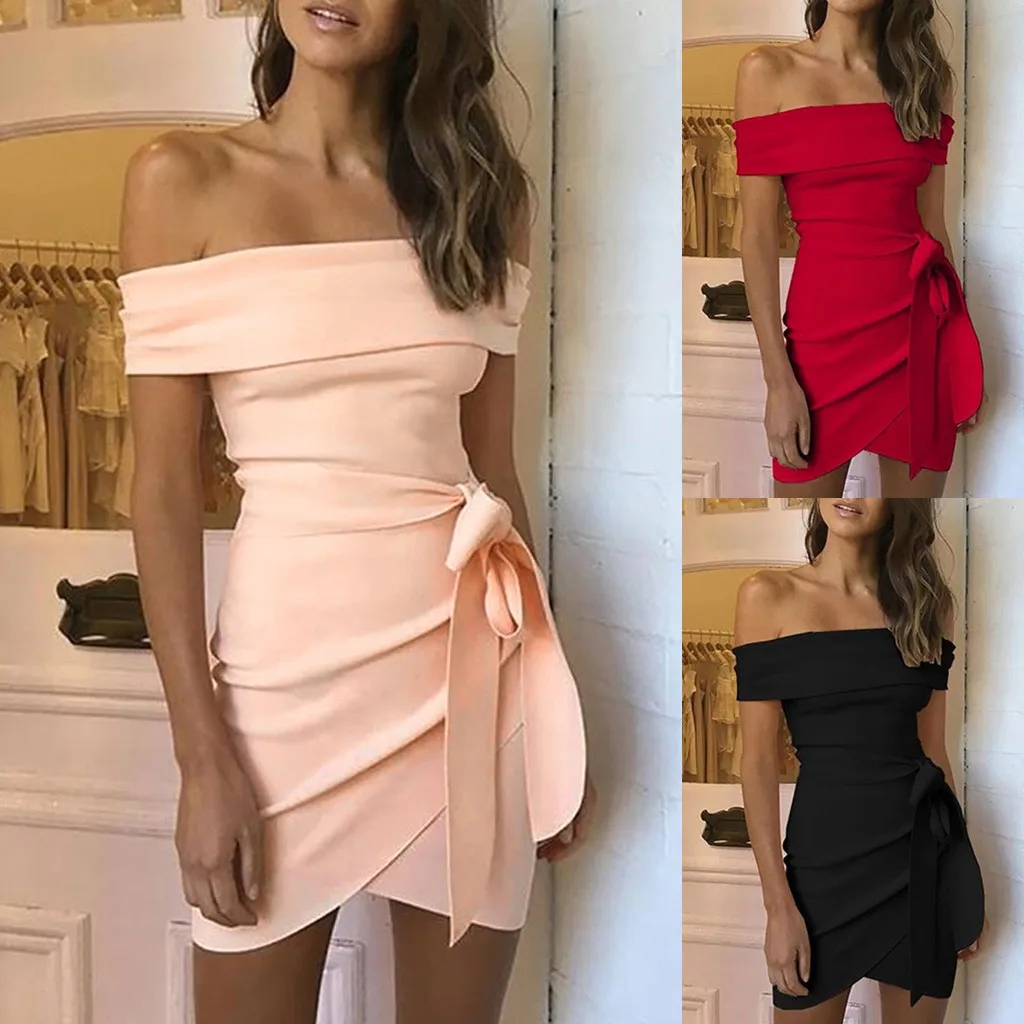 

feitong 2019 New Arrival! Women's Slash Neck Mini Dress Off Shoulder Self Belted Ruched Evening Party Dres Vestidos sukienki #@Y