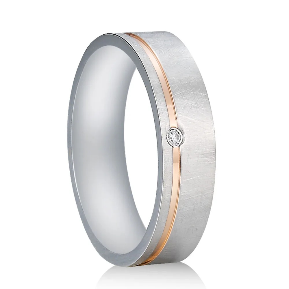 6mm Silver Elegant Wedding Rings for Women Men CZ Stone Alliance Anniversary Band Bijoux Mass Brushed Rose Gold Stripe Finish