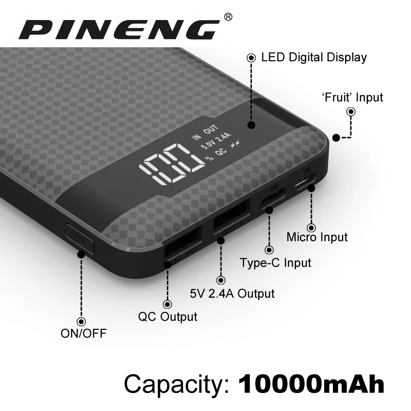 Pineng PN-961 10000mAh Power Bank PN961 Mobile Portable Charger Li-Polymer with LED Indicator Fast Charger For Xiaomi iPone XS
