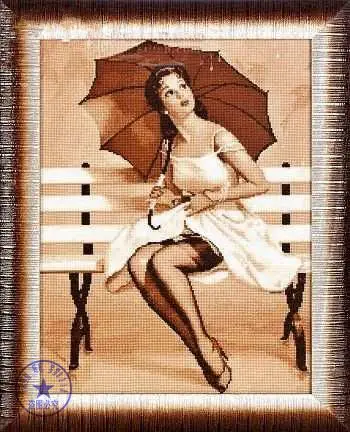CS-2977 Cross Stitch Kit White Dress Beauty Girl Woman Lady with Umbrella sit on Bench in the Rain