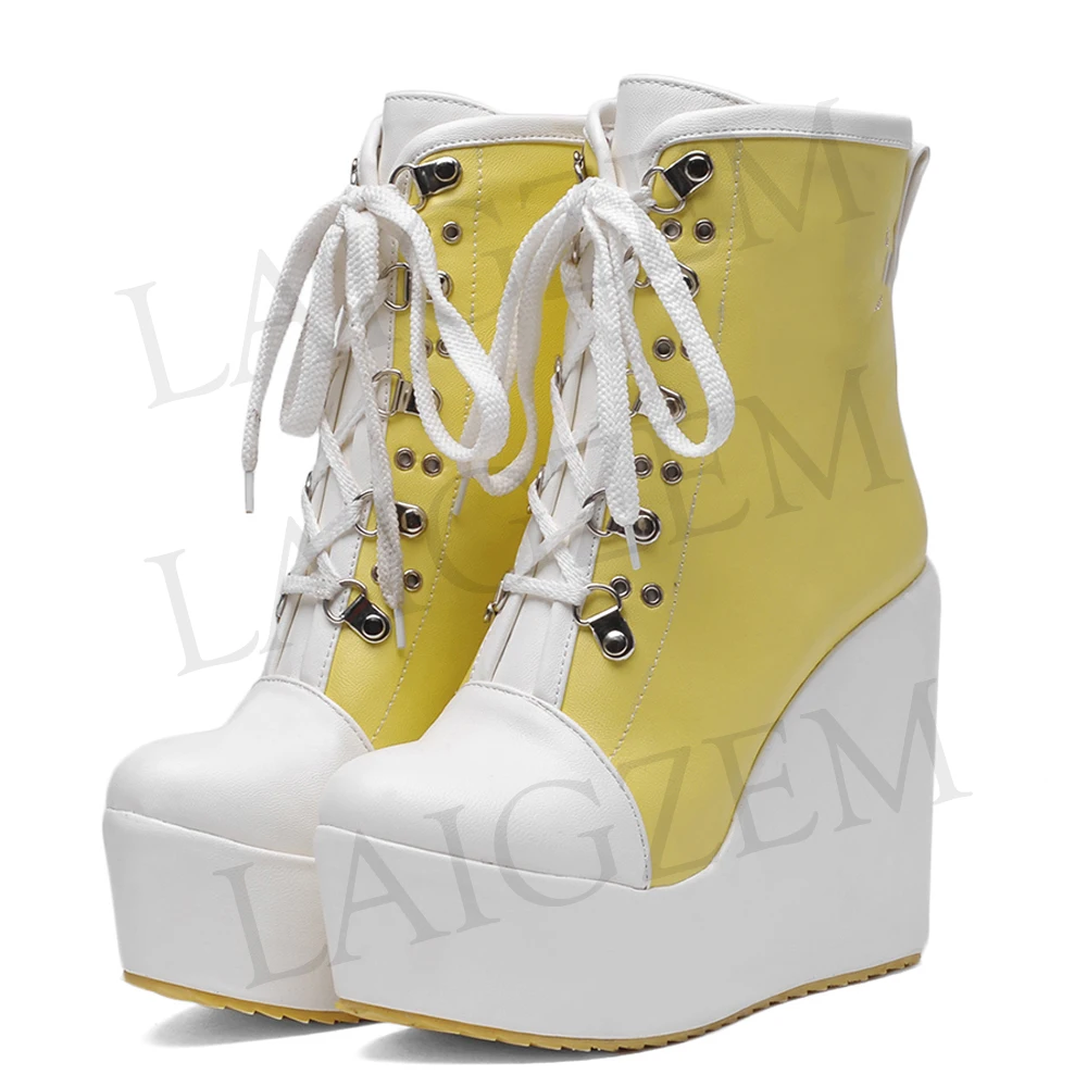 LAIGZEM TRENDY Women Ankle Boots Platform Wedge Boots Height Increasing High Heels Shoes Women Botines Mujer Small Size 33-43 (3)