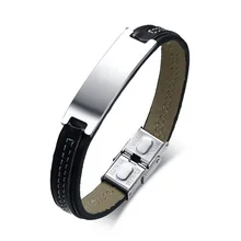 Черный кожаный браслет для мужчин ID браслет из нержавеющей стали идентификация персонализированные мужские ювелирные изделия