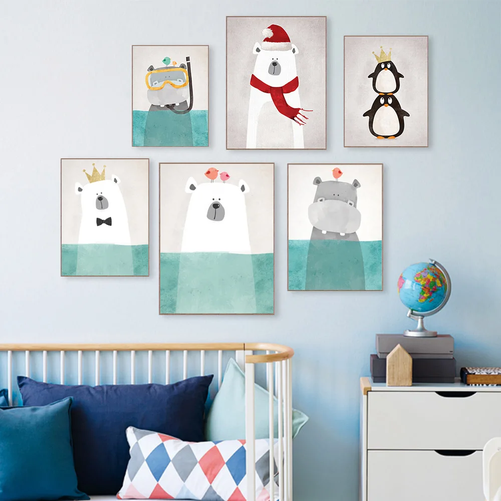 Watercolor Cartoon Animals Canvas Art Print Painting Poster Wall