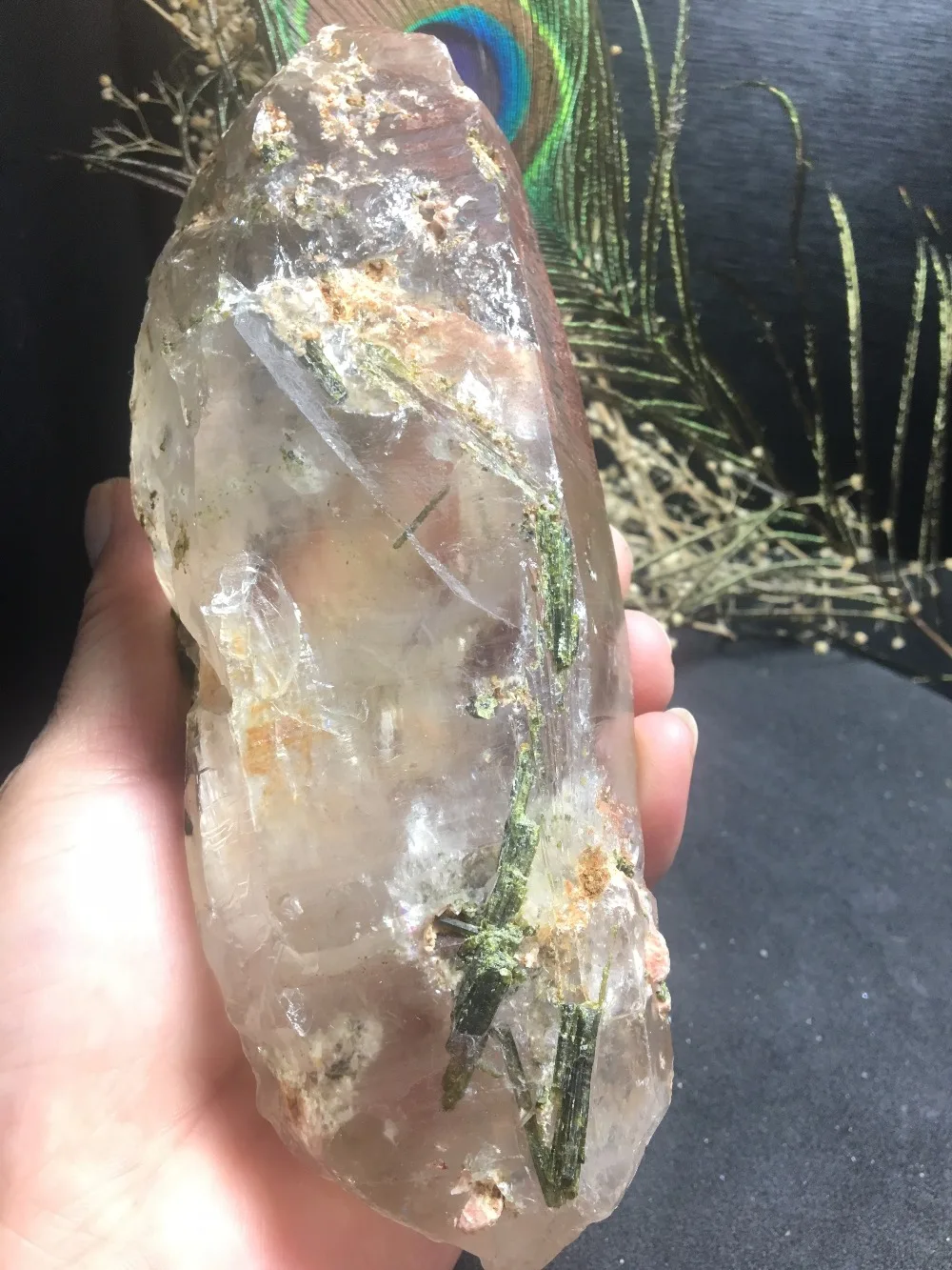 

Natural beautiful reiki crystal with precious green tourmaline mineral specimens combined